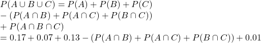 \\P(A \cup B \cup C) = P(A) + P(B) + P(C) \\- (P(A \cap B) + P(A \cap C) + P(B \cap C)) \\+ P(A \cap B \cap C) \\= 0.17 + 0.07 + 0.13 - (P(A \cap B) + P(A \cap C) + P(B \cap C)) + 0.01