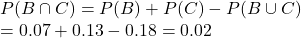\\P(B \cap C) = P(B) + P(C) - P(B \cup C) \\= 0.07 + 0.13 - 0.18 = 0.02