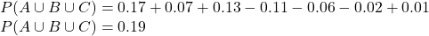 \\P(A \cup B \cup C) = 0.17 + 0.07 + 0.13 - 0.11 - 0.06 - 0.02 + 0.01 \\P(A \cup B \cup C) = 0.19