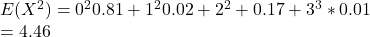 \\E(X^2) = 0^2  0.81 + 1^2  0.02 + 2^2 + 0.17 + 3^3 * 0.01\\= 4.46
